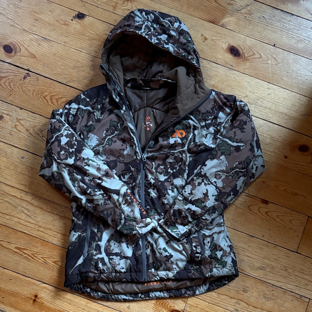 First Lite Women’s Aurora Puffy Jacket – Size Large, Fusion Camo, Lightly Used